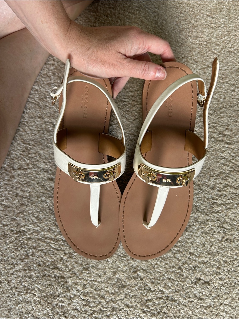 Coach Gracie White Leather T-Strap Sandals with Gold Accent